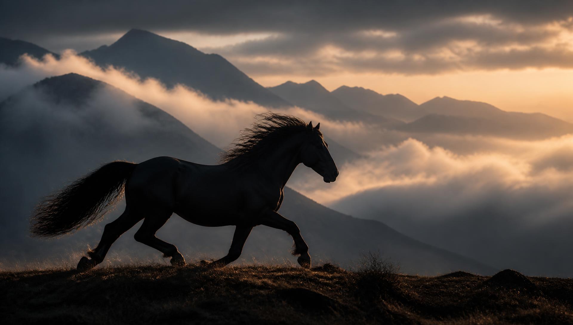 Dark horse galloping across a mountain ridge at dawn